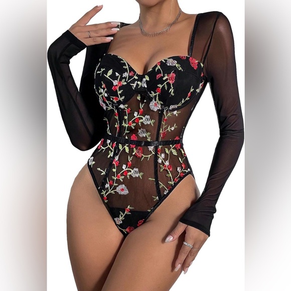 SweatyRocks Sheer Mesh Floral Embroidery Bodysuit Skinny Long Sleeve Jumpsuit3 - Picture 3 of 6